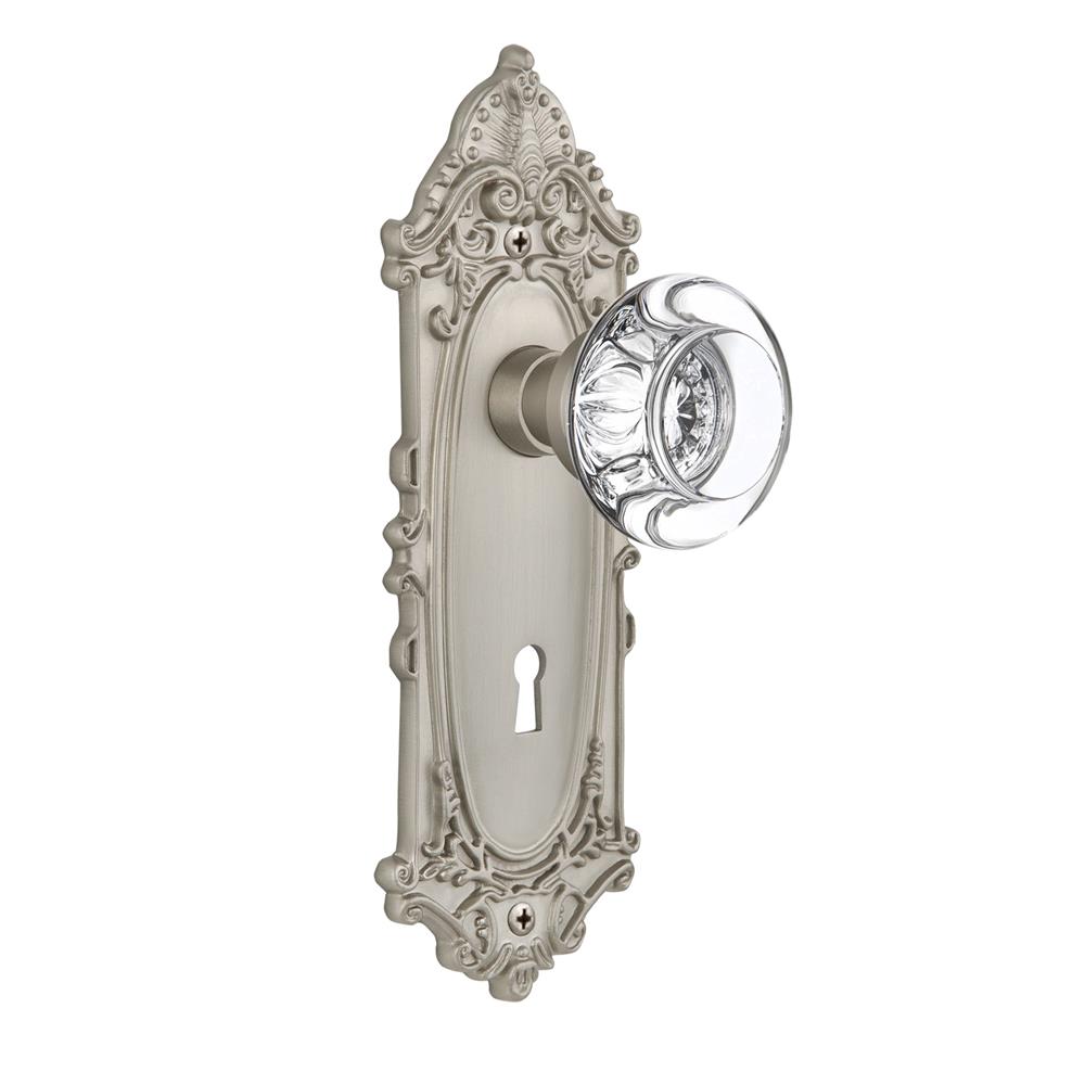 Nostalgic Warehouse VICRCC Passage Knob Victorian Plate with Round Clear Crystal Knob with Keyhole in Satin Nickel